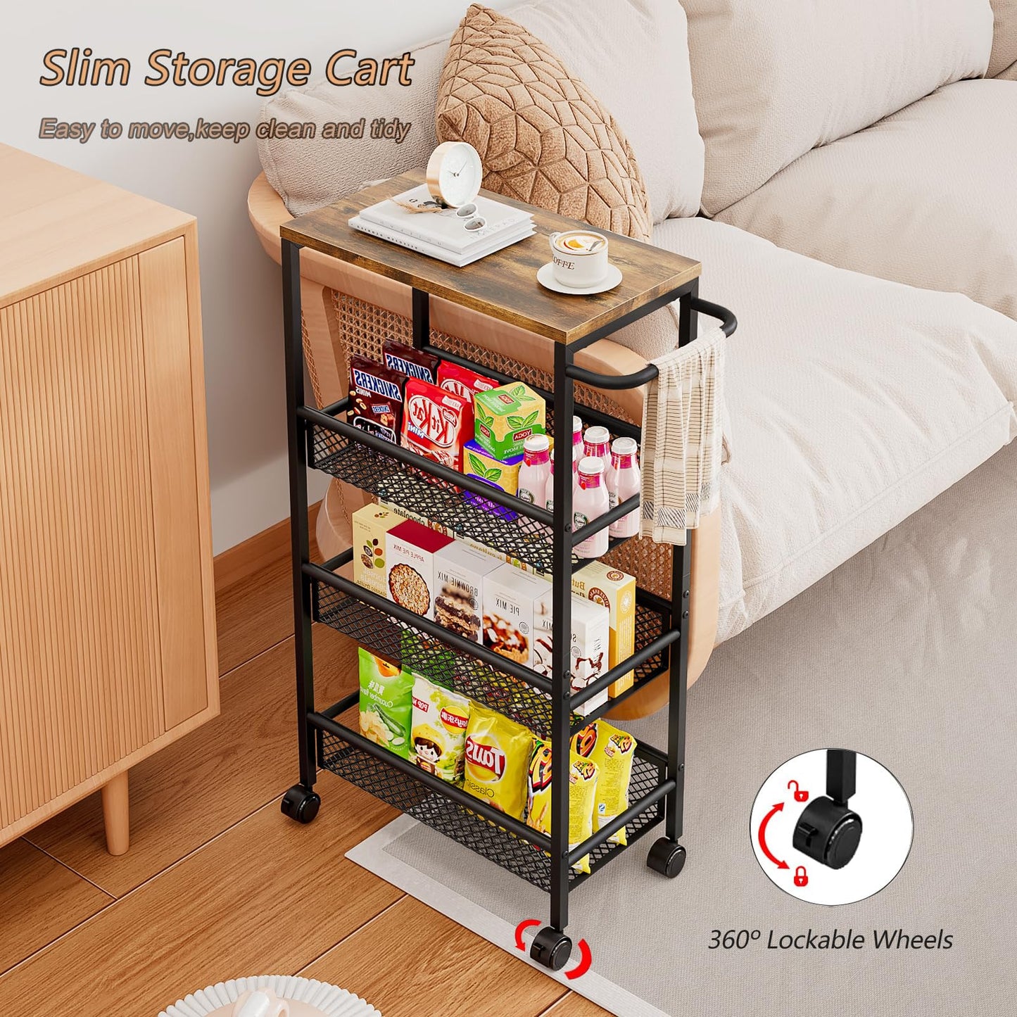 AZERPIAN Slim Rolling Cart 4 Tier Narrow Storage Cart on Wheels with Handle