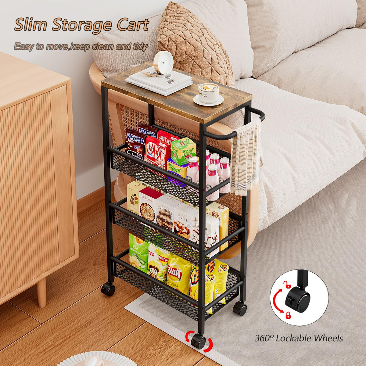 AZERPIAN Slim Rolling Cart 4 Tier Narrow Storage Cart on Wheels with Handle