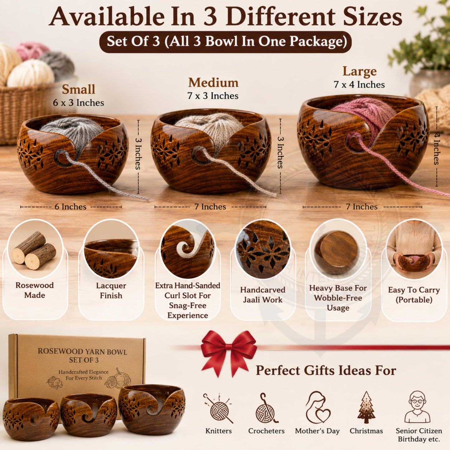 Nagina International Rosewood Crafted Wooden Yarn Storage Bowl With Carved Holes & Drills |