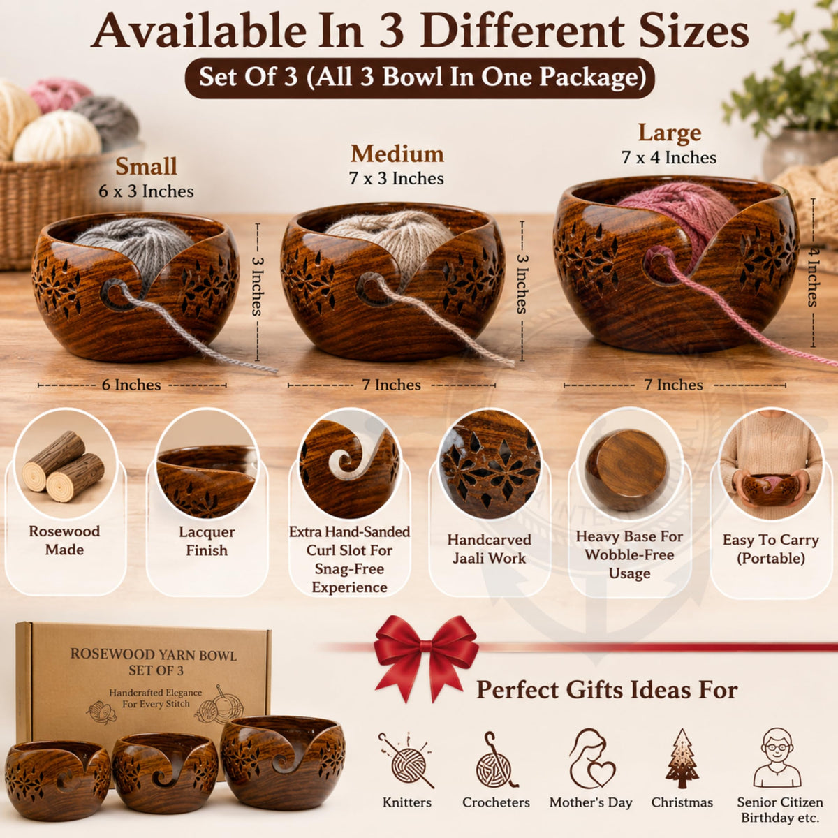 Nagina International Rosewood Crafted Wooden Yarn Storage Bowl With Carved Holes & Drills |