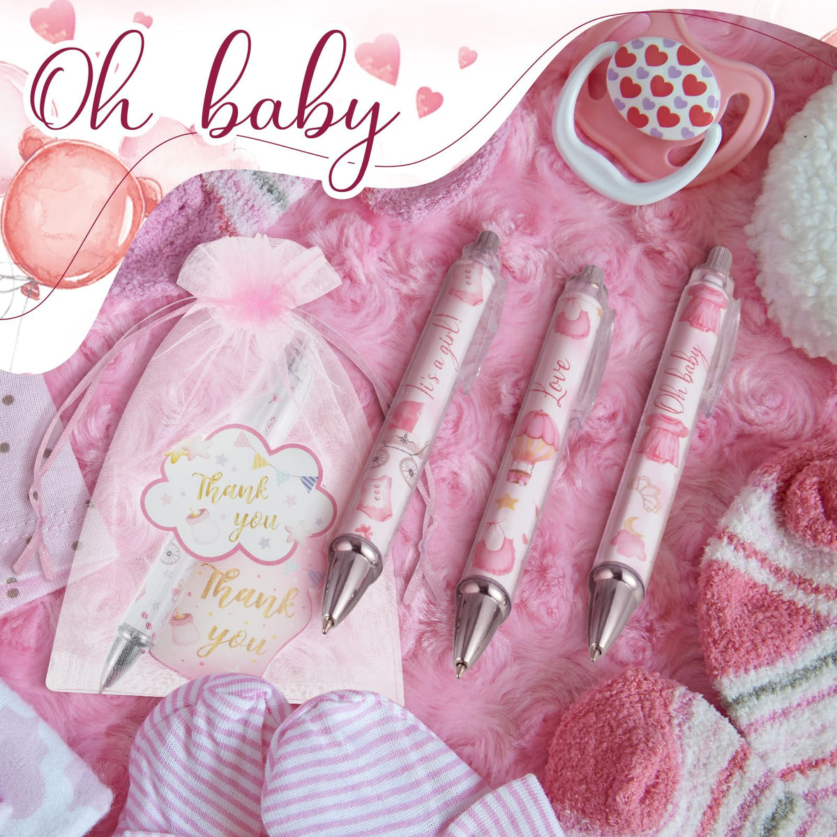 Chuangdi 50 Sets Pink Baby Shower Favors for Guests – 50 Ballpoint Pens with Organza Gift Bags &