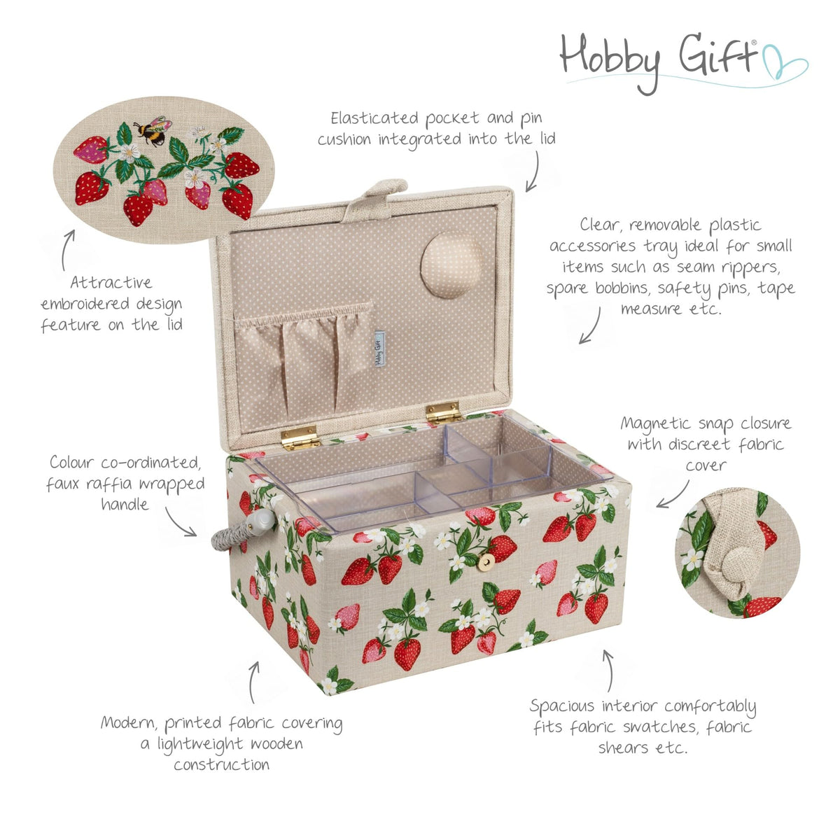 Hobby Gift Strawberry Sewing Box Gift Bundle with Matching 60 Inch Tape Measure and Pin Cushion