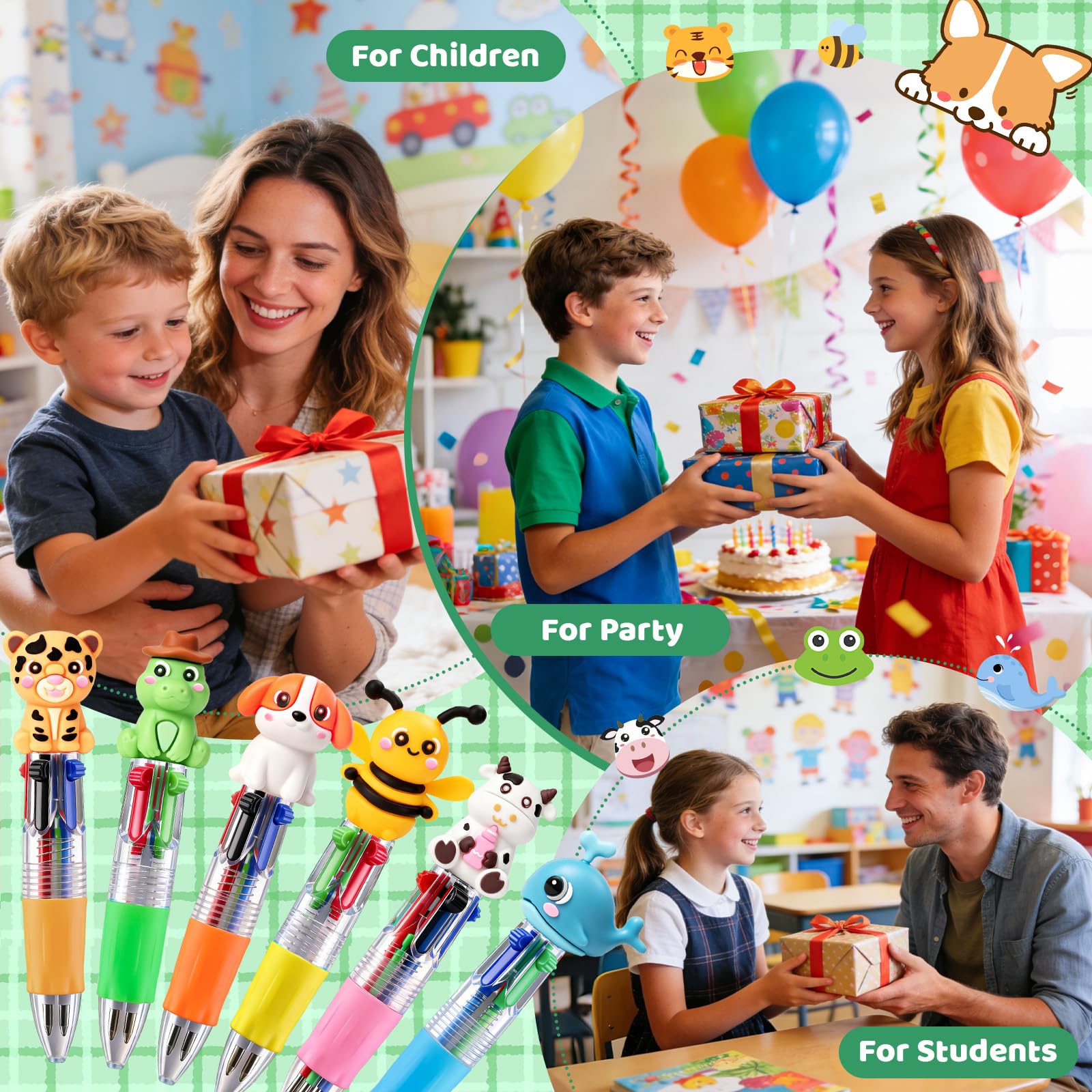 SZCECHRE 48 Pcs Animal Pens Multicolor Pen in One 4-in-1 Cute Pens Bulk for Kids,Ballpoint Pen with