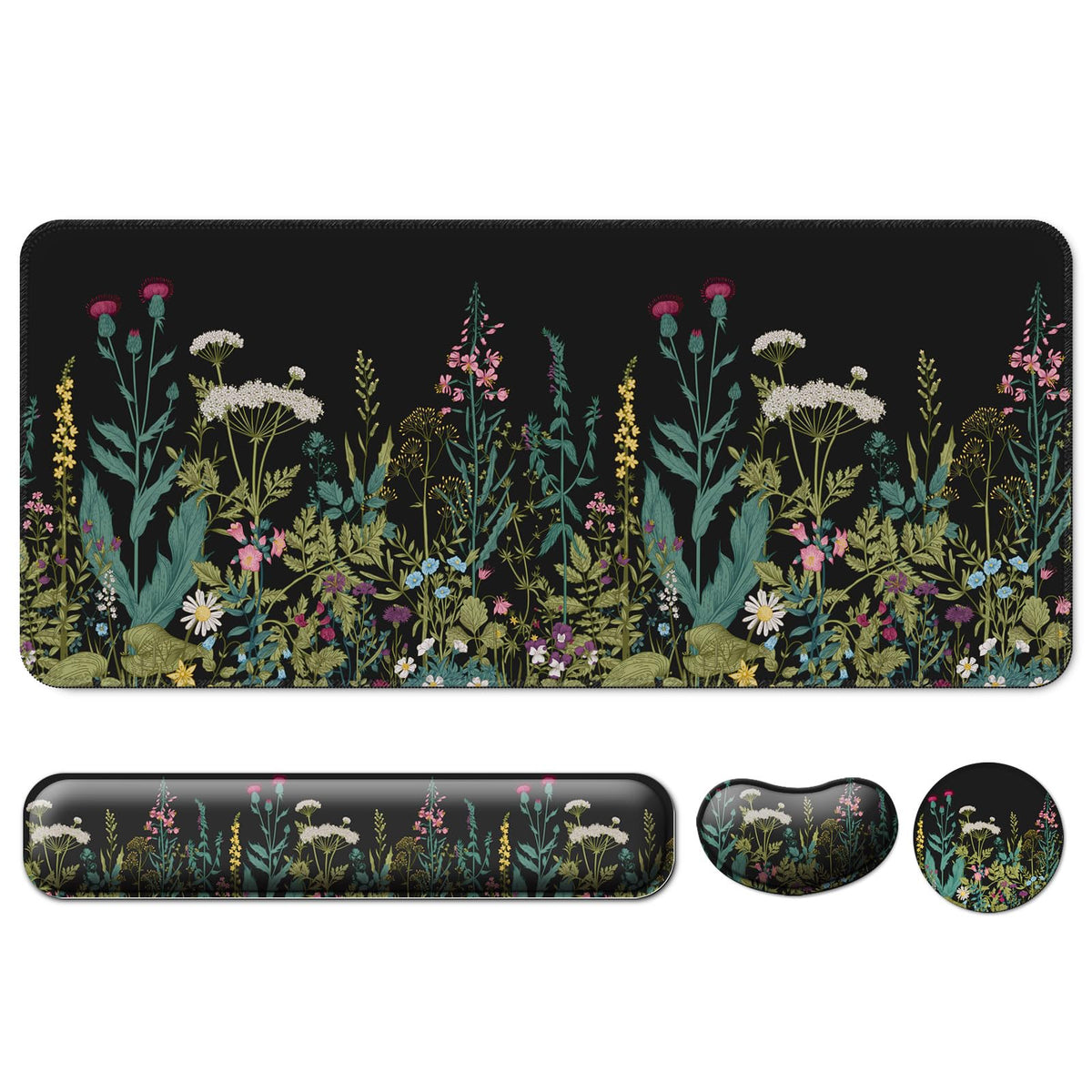 4 in 1 Mouse Pad and Keyboard Wrist Rest,Large Desk Mat,Coaster Set-Flowers