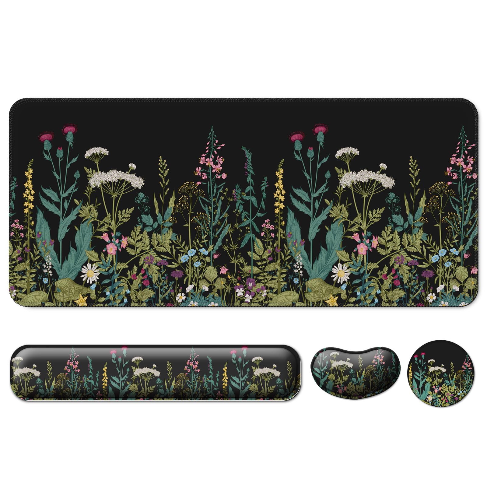 4 in 1 Mouse Pad and Keyboard Wrist Rest,Large Desk Mat,Coaster Set-Flowers