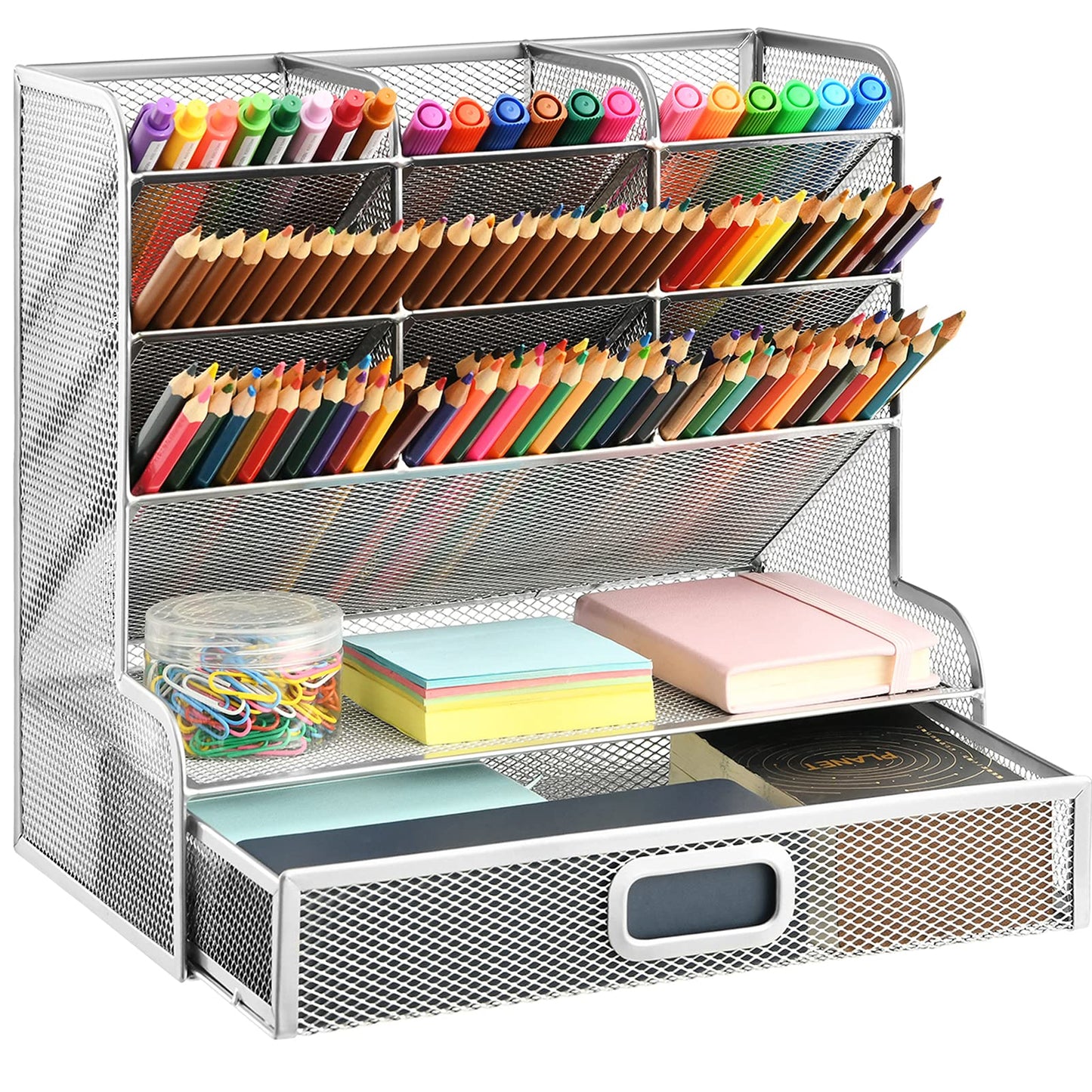 Marbrasse Larger Mesh Desk Organizer with Drawer, Multi-Functional Pen Pencil Holder, Desk