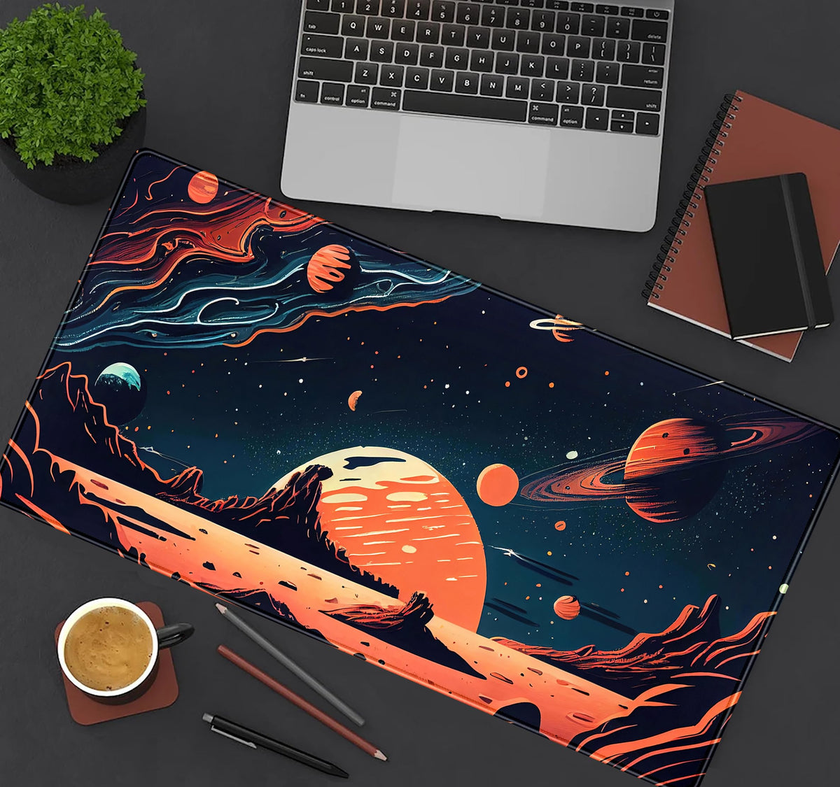Painted Planets Desk Mat Outer Space Desk Pad, Orange Black Gaming Mouse Pad, Large Keyboard Mouse