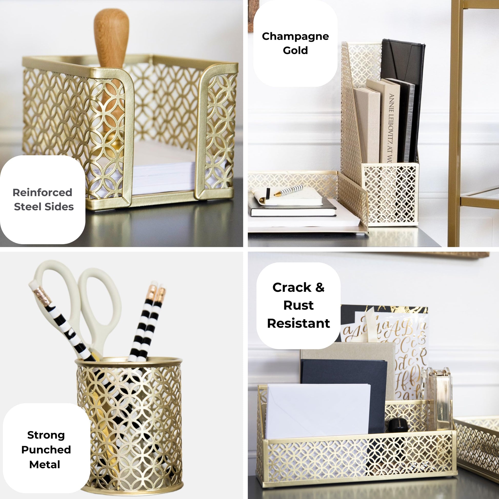 BLU MONACO | Gold Desk Organizer Set with Mail Sorter, Sticky Note Holder, Pen Cup, Magazine