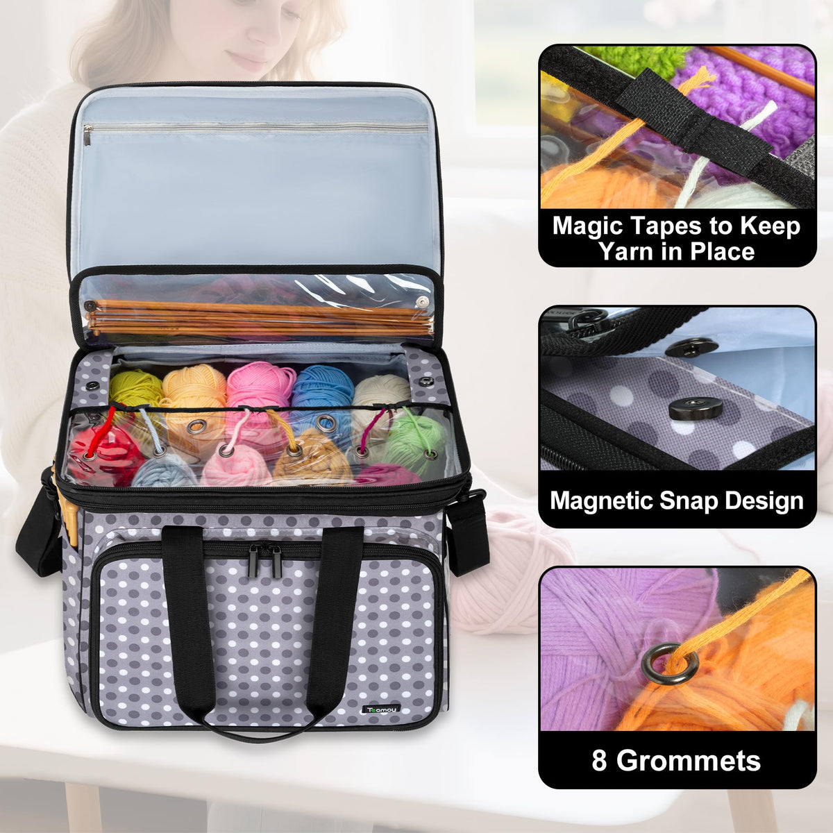 Teamoy Crochet Bag Knitting Bag Yarn Storage Tote, Yarn Organizer, Gray Dot