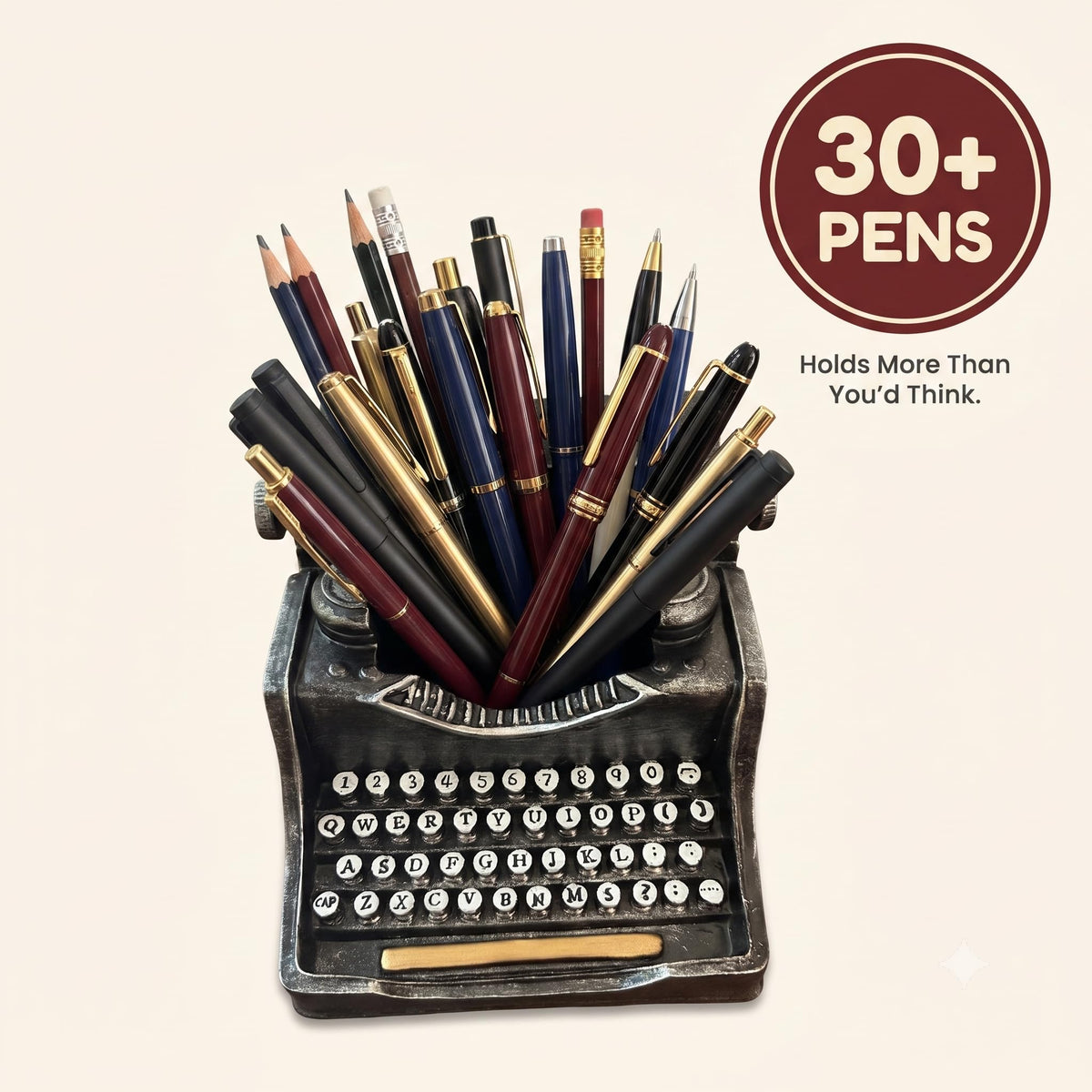 Vintage Typewriter Pencil Holder for Desk – 4.5" Retro Pen Organizer Holds 30+ Pens, Heavy Resin