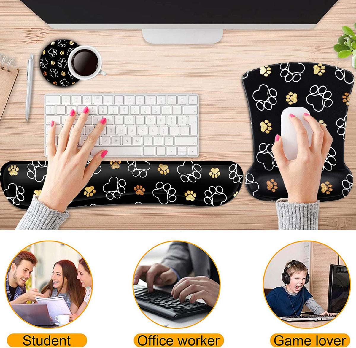 Keyboard Wrist Rest and Mouse Pad Wrist Support Set,Cute Dog Paw Prints Gold White Ergonomic Gel
