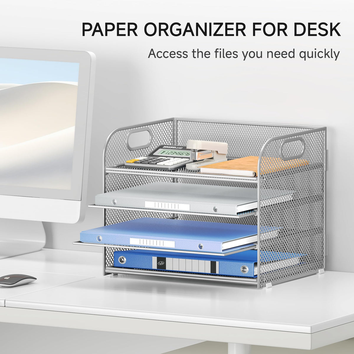 Lavatino 4-Tier Paper Organizer Trays - Silver Mesh File Folder Sorter with Handles, Desk Letter