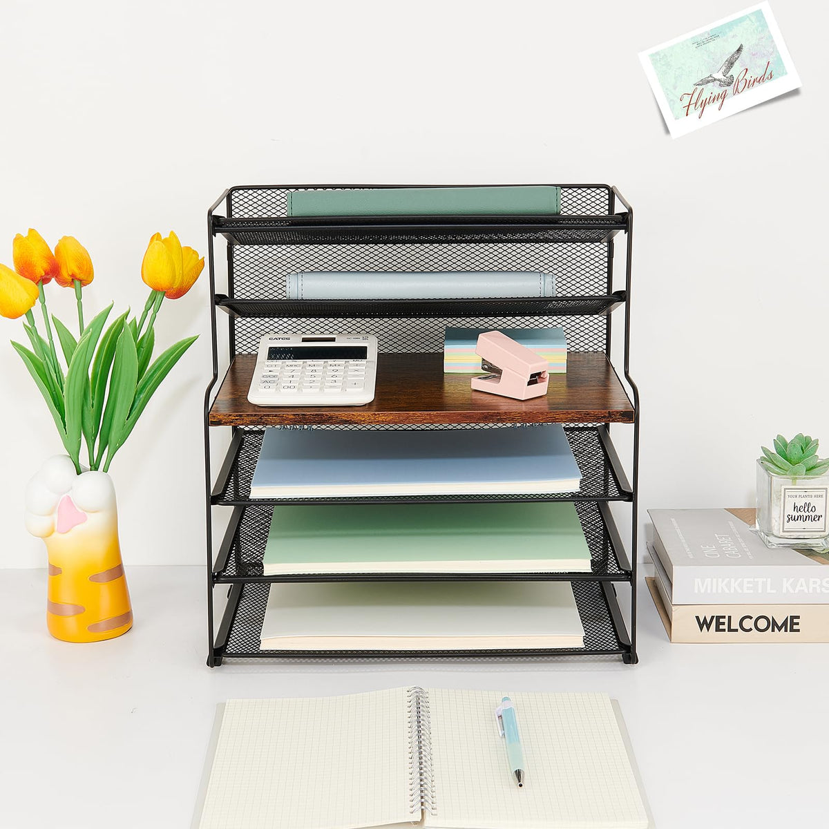 OPNICE Desk Organizer, 6-Tier Paper Organizer Letter Tray, Brown Wood