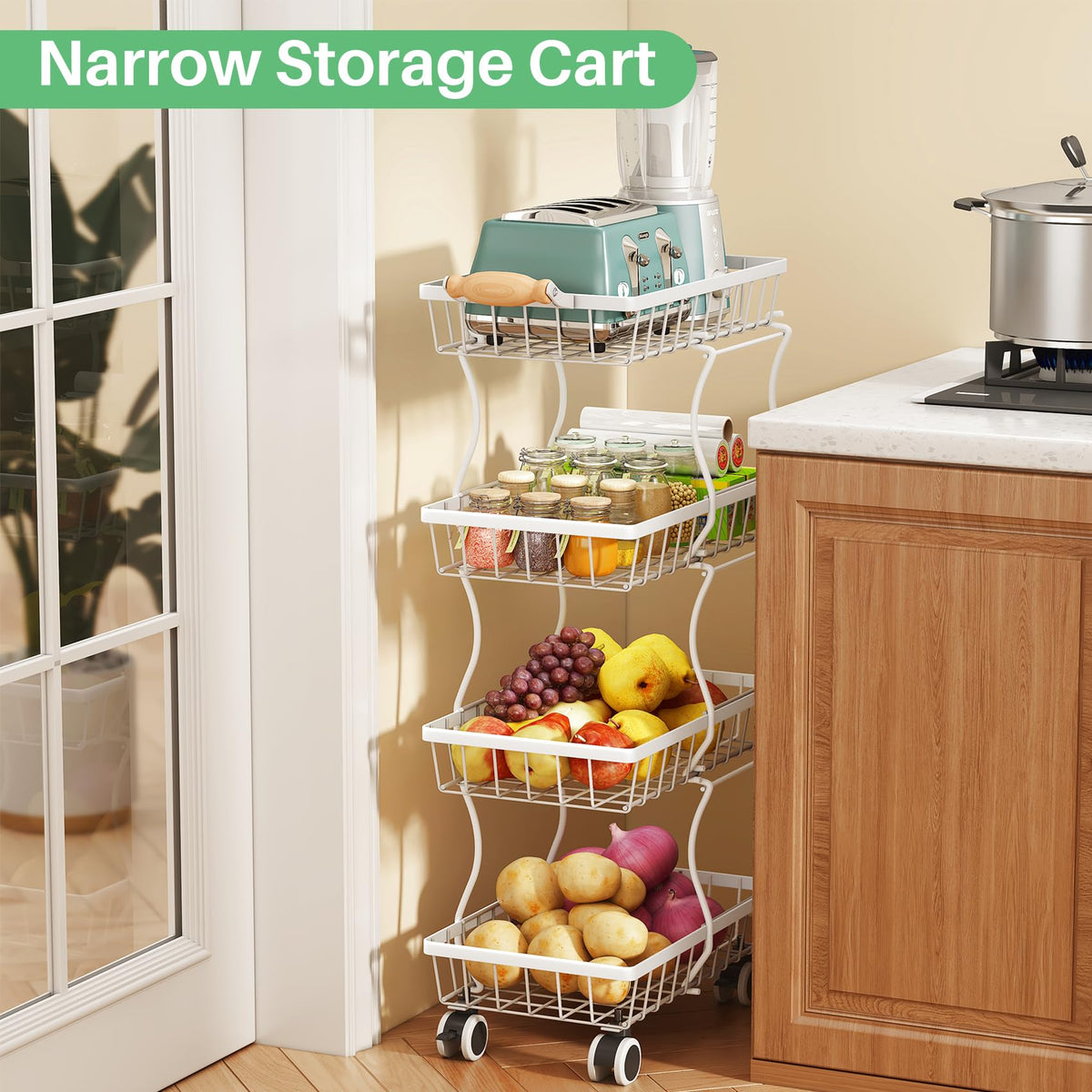 SAYZH 4-Tier Fruit Basket Stand with Vegetable Baskets for Kitchen, White