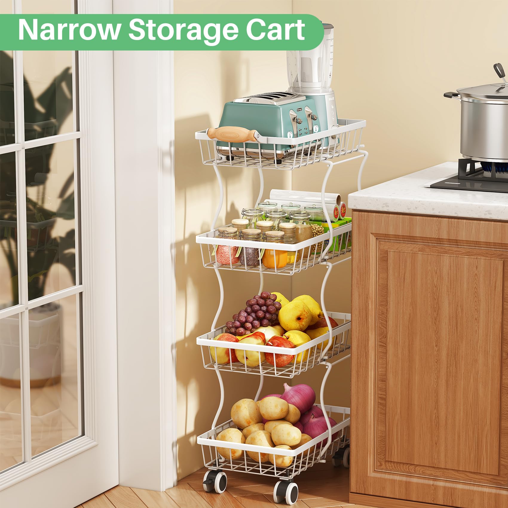 SAYZH 4-Tier Fruit Basket Stand with Vegetable Baskets for Kitchen, White