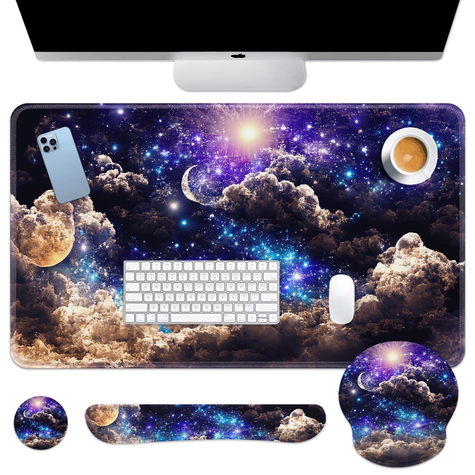 Britimes Keyboard Mouse Pad Set, 4 in 1 Desk Mat Set, Space Moon