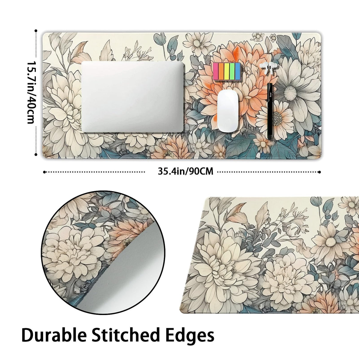 Japanese Aesthetic Floral Gaming Mouse Pad XXL Vintage Orange White Flowers Extended Large Mat