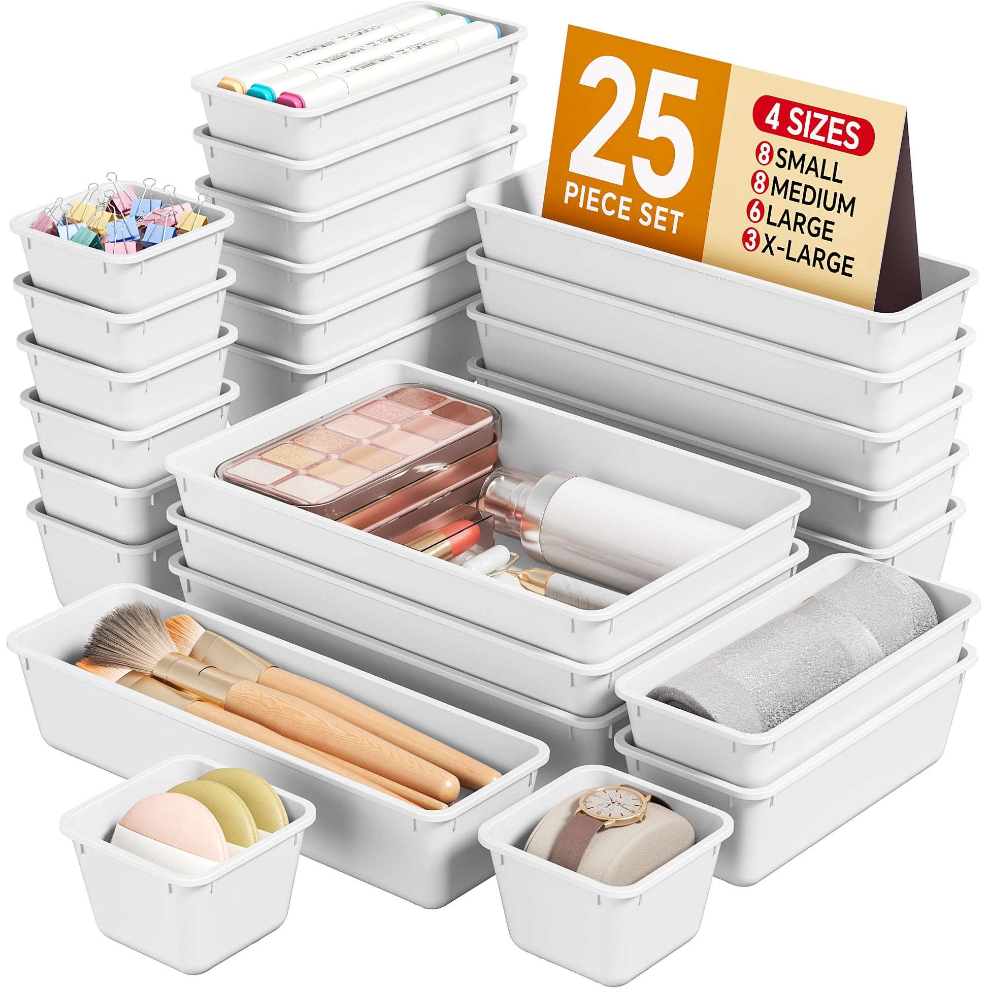 KEMETHY 25 PCS Plastic Drawer Organizers Set, 4 Sizes Vanity Organizer, Makeup and Desk Drawer