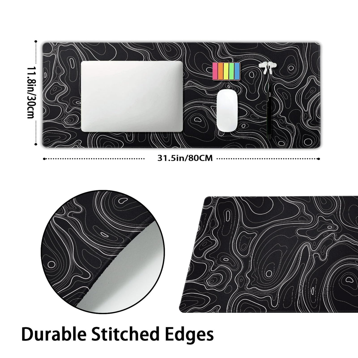 Topographic Map Black Gaming Mouse Pad XL Minimalist Topo Geographic White Lines Extended Large Mat