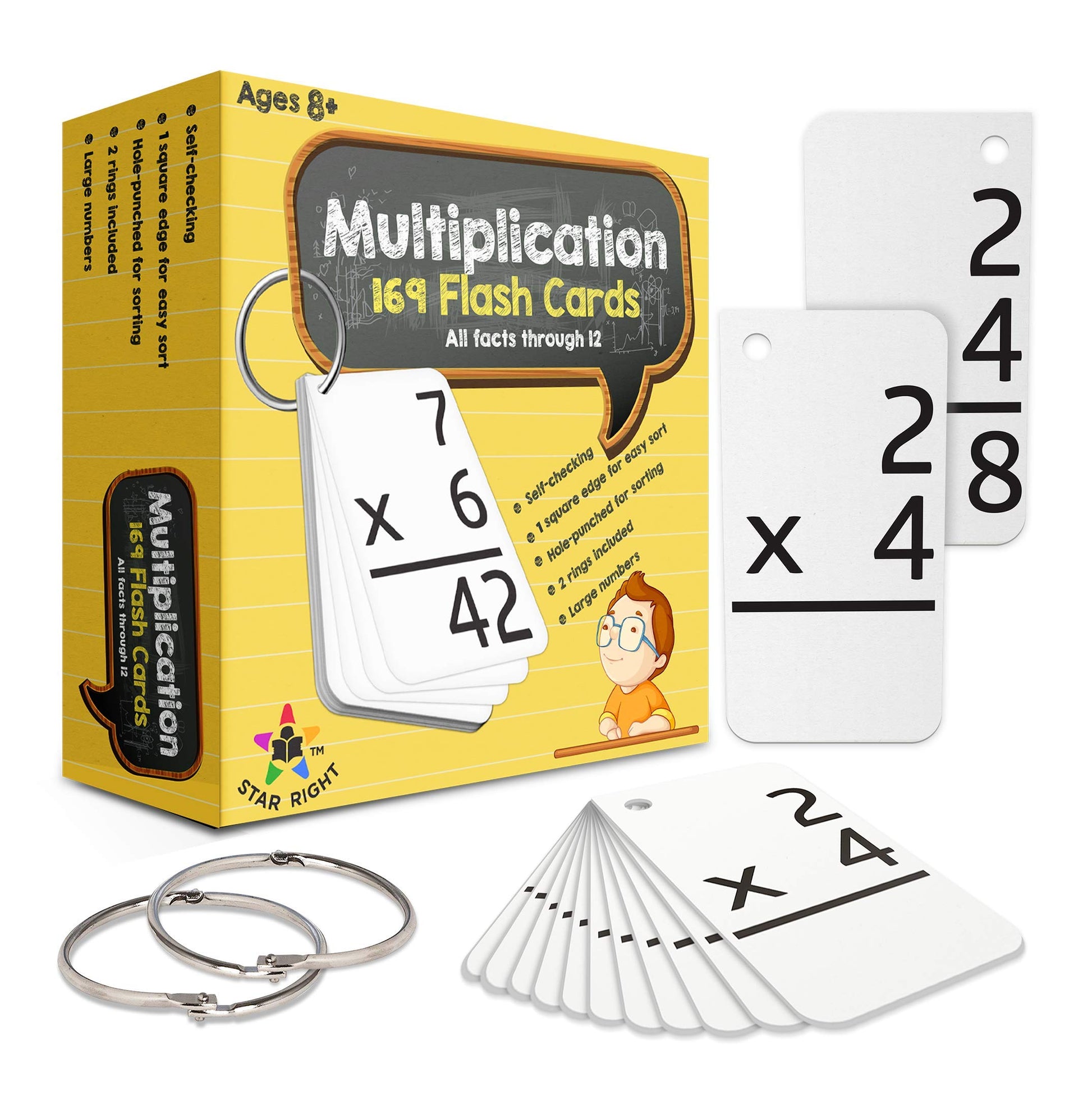 Star Right Multiplication Flash Cards - 169 Hole-Punched Math Flash Cards with 2 Binder Rings