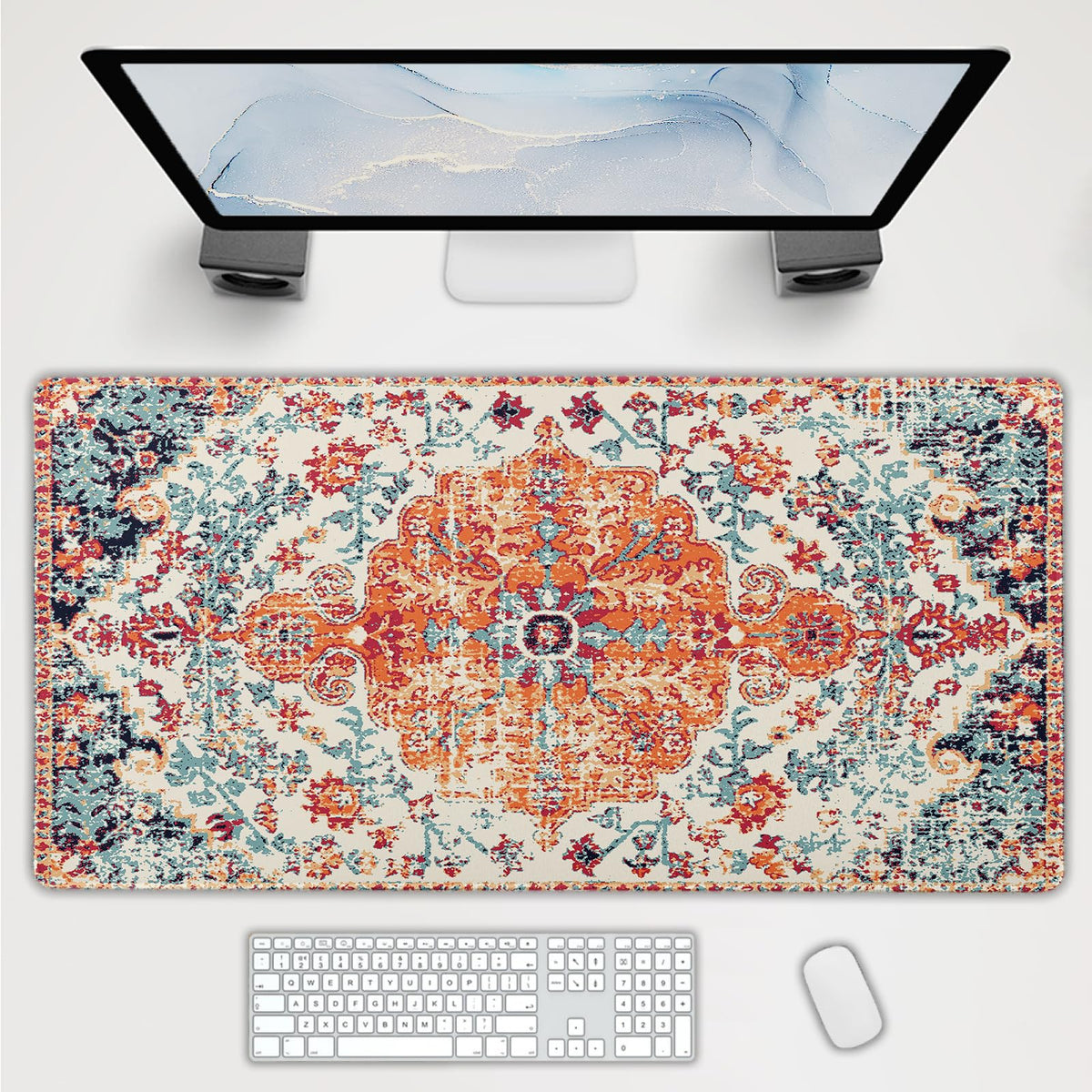 Orange Teal Boho Gaming Mouse Pad Extended 20x14 Inch Rug Carpet Bohemian Retro Large Desk Mat Big