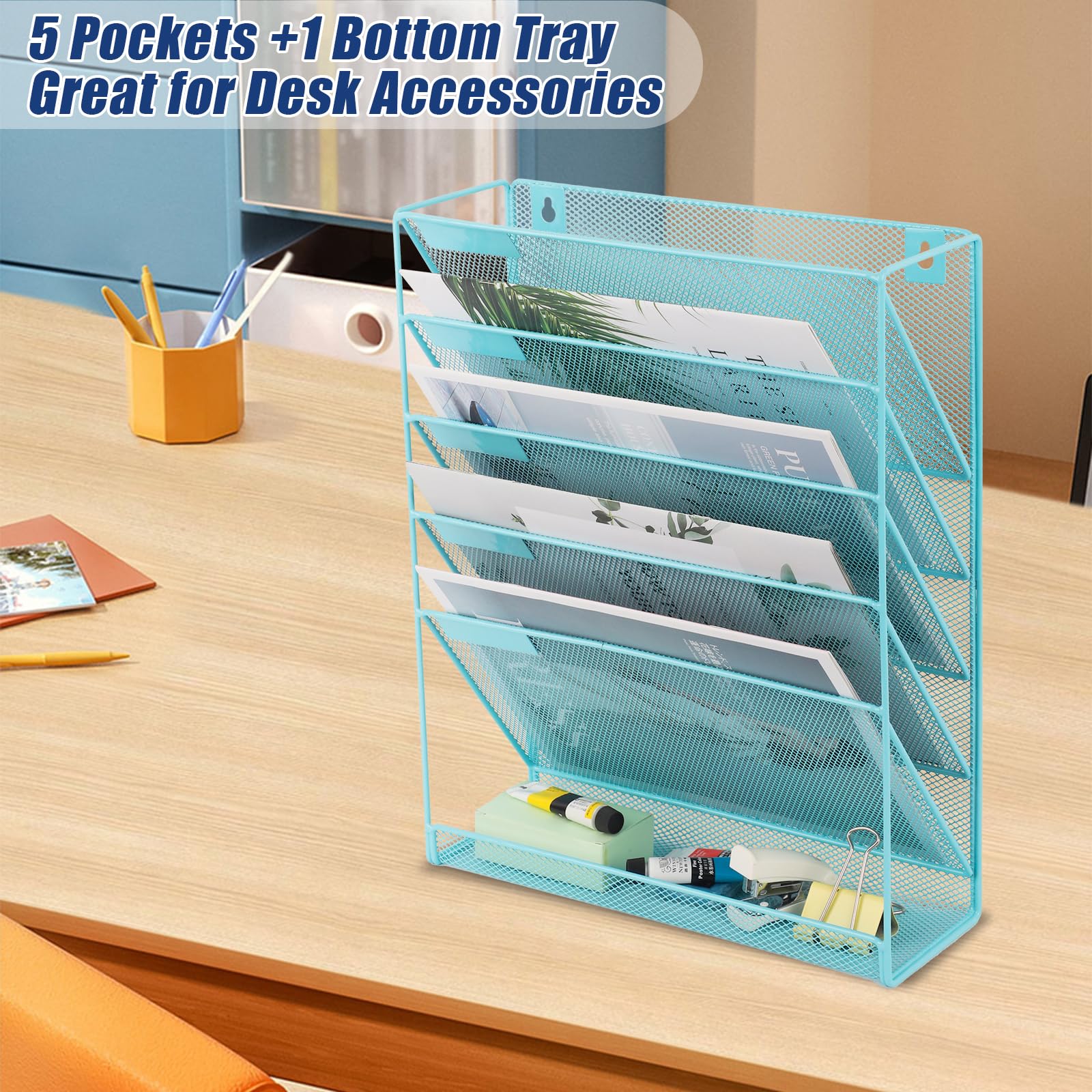 EASEPRES Desk File Organizer Mesh 6-Tier, Hanging Wall Mount Document Organization Stand, Desktop