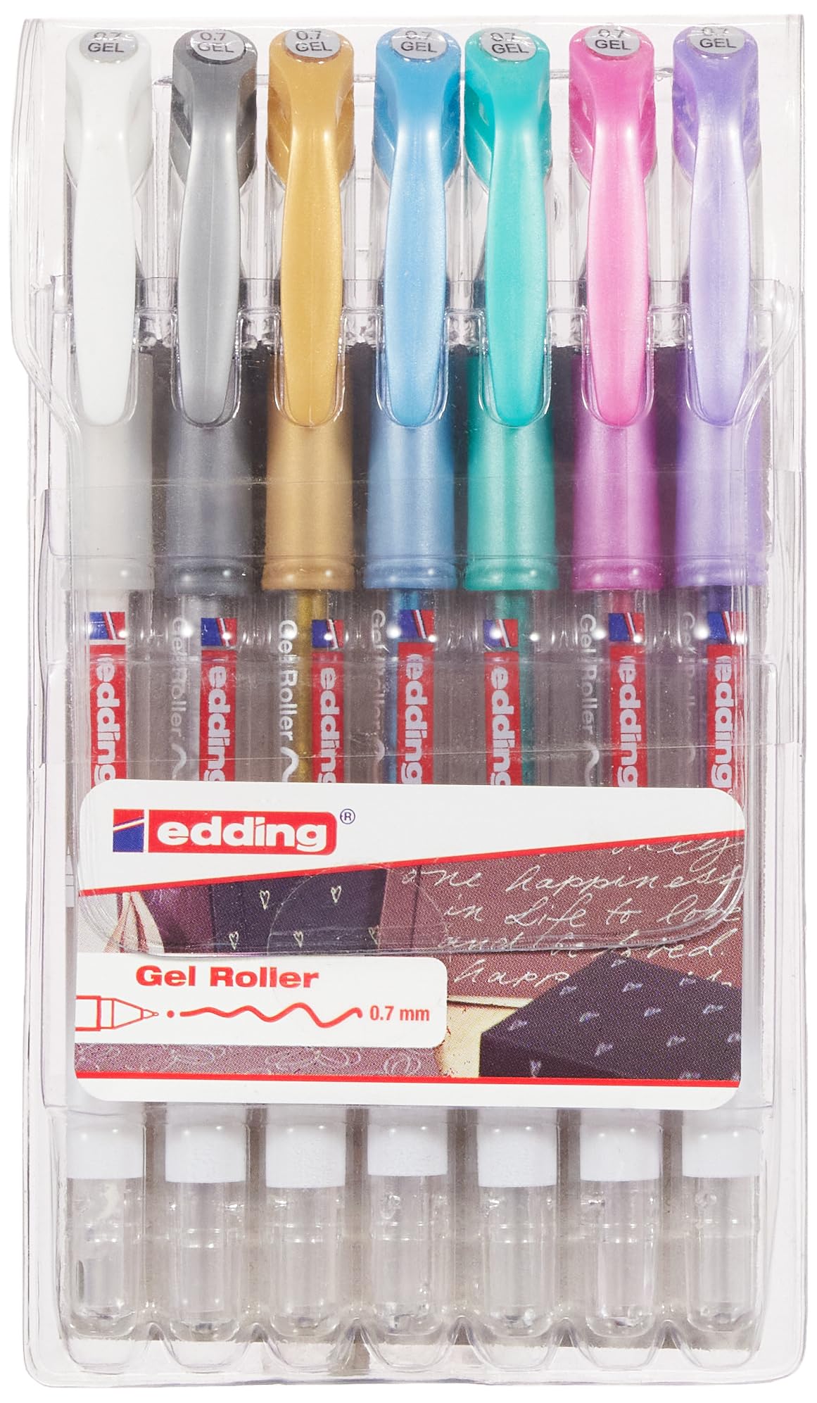edding 2185 gelroller - wit, goud, zilver, blauw, groen, roze, violet - set van 7 - 0,7 mm