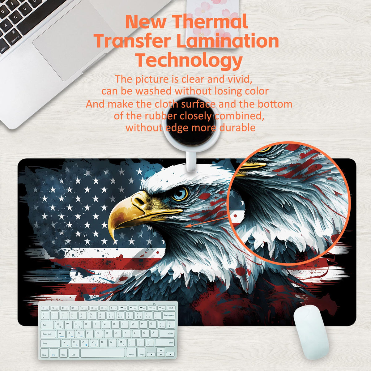 KOAIWPAE Desk Mat, Bald Eagle American Flag Desk Pad, USA Flag Large Gaming Mouse Pad for Desk