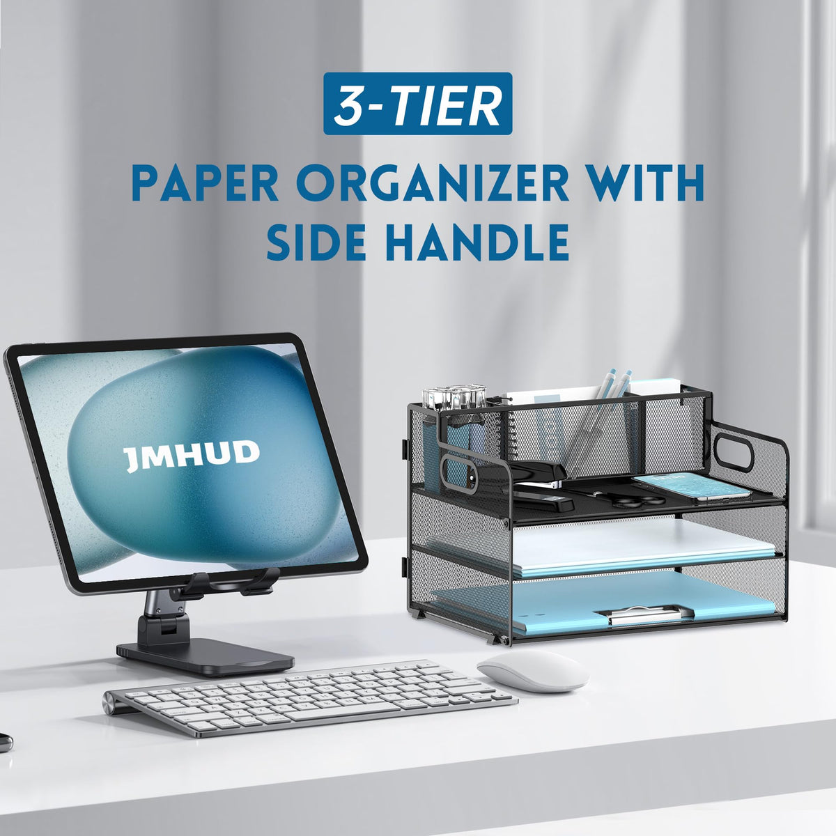 3 Tier Desk Organizer with Pen Holder Mesh Paper Trays with Handle Black