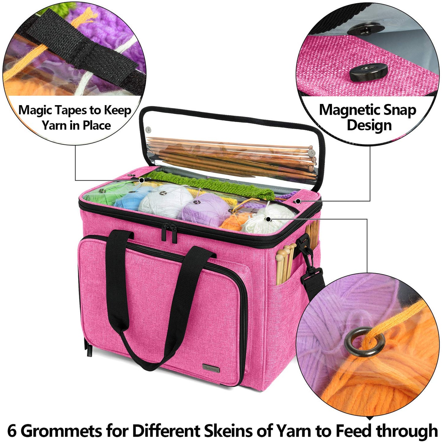 Teamoy Knitting Bag, Yarn Storage Organizer Crochet Bag Tote, Pink