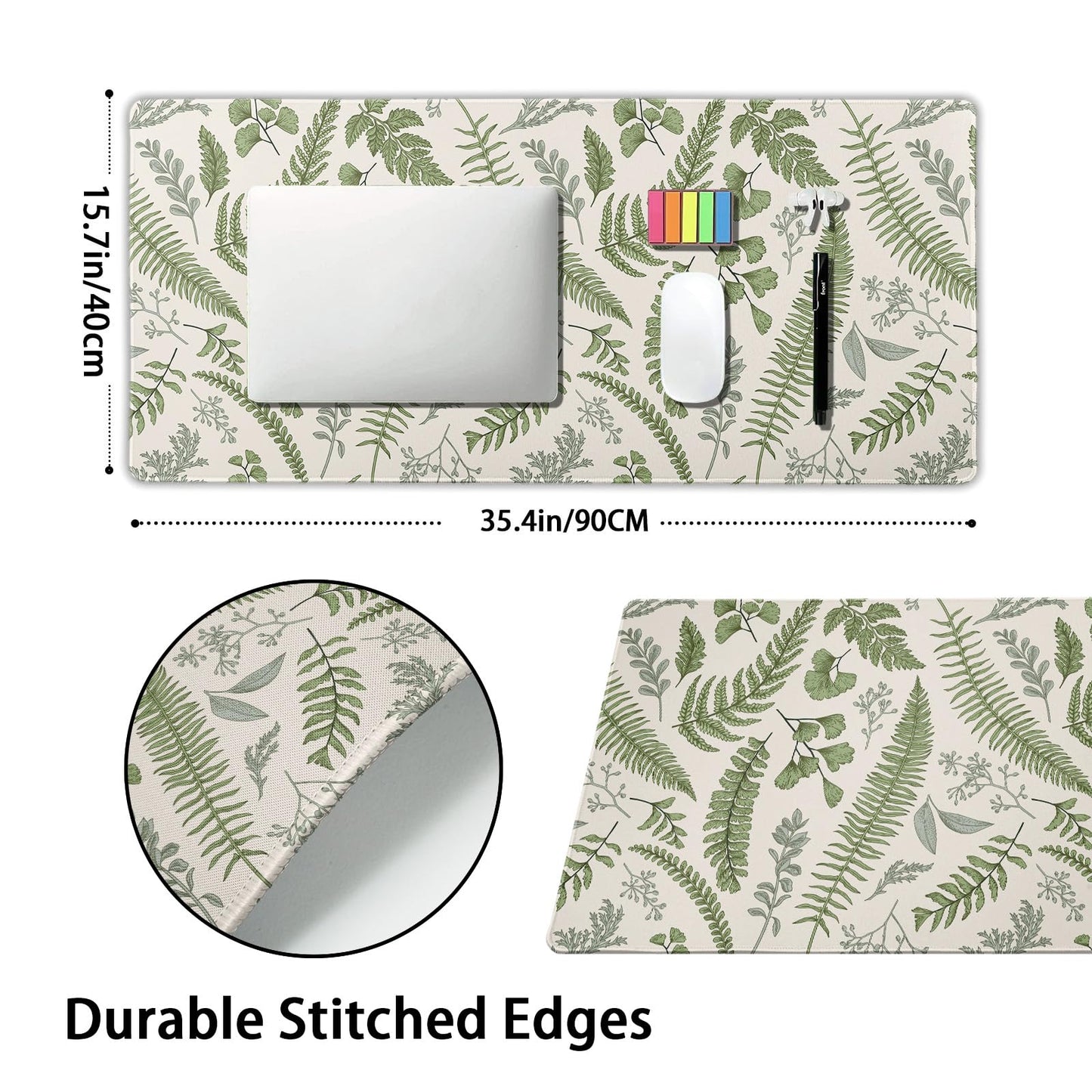White Green Plant Flowers Mouse Pad XXL Tropical Fern Botanical Leaves Extended Desk Mat 90X40cm
