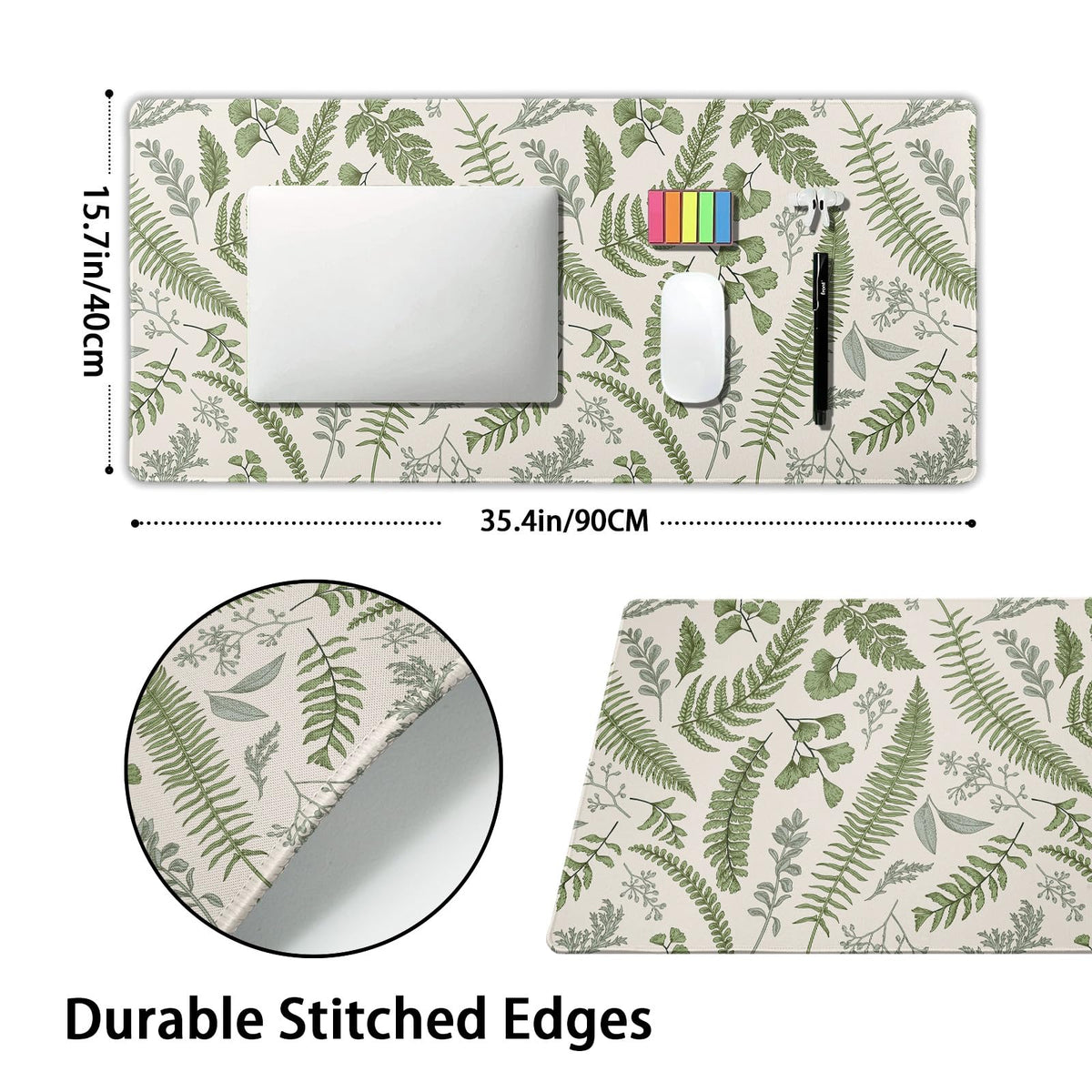 White Green Plant Flowers Mouse Pad XXL Tropical Fern Botanical Leaves Extended Desk Mat 90X40cm