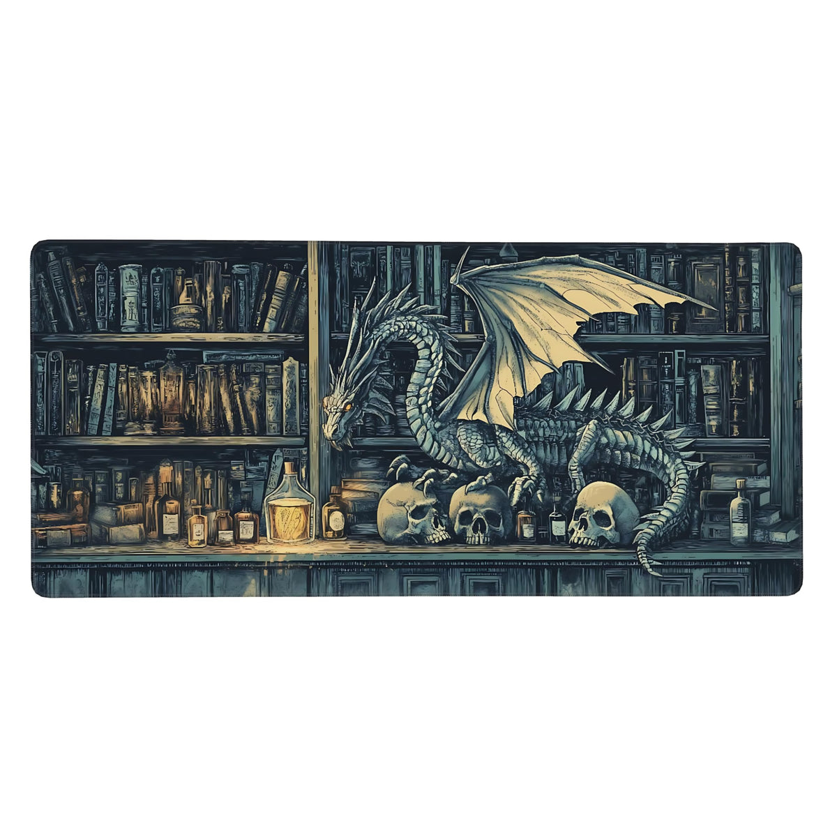 Aesthetic Dragon Gaming Mouse Pad, Deep Teal Gothic Desk Mat with Anti-Slip Base & Stitched Edges