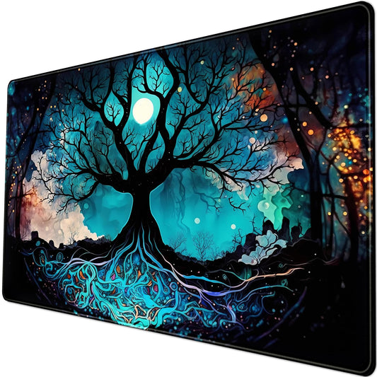 Vintage Blue AI Original Desk Mat Life Tree Aesthetics Desk Pad Large Flower Mouse Pad XXL Plant