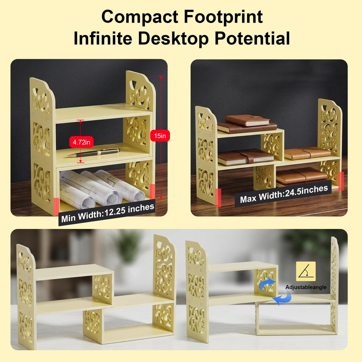 YGYQZ Adjustable Desktop Shelf Organizer, 3-Tier Desk Shelf, Beige Pattern