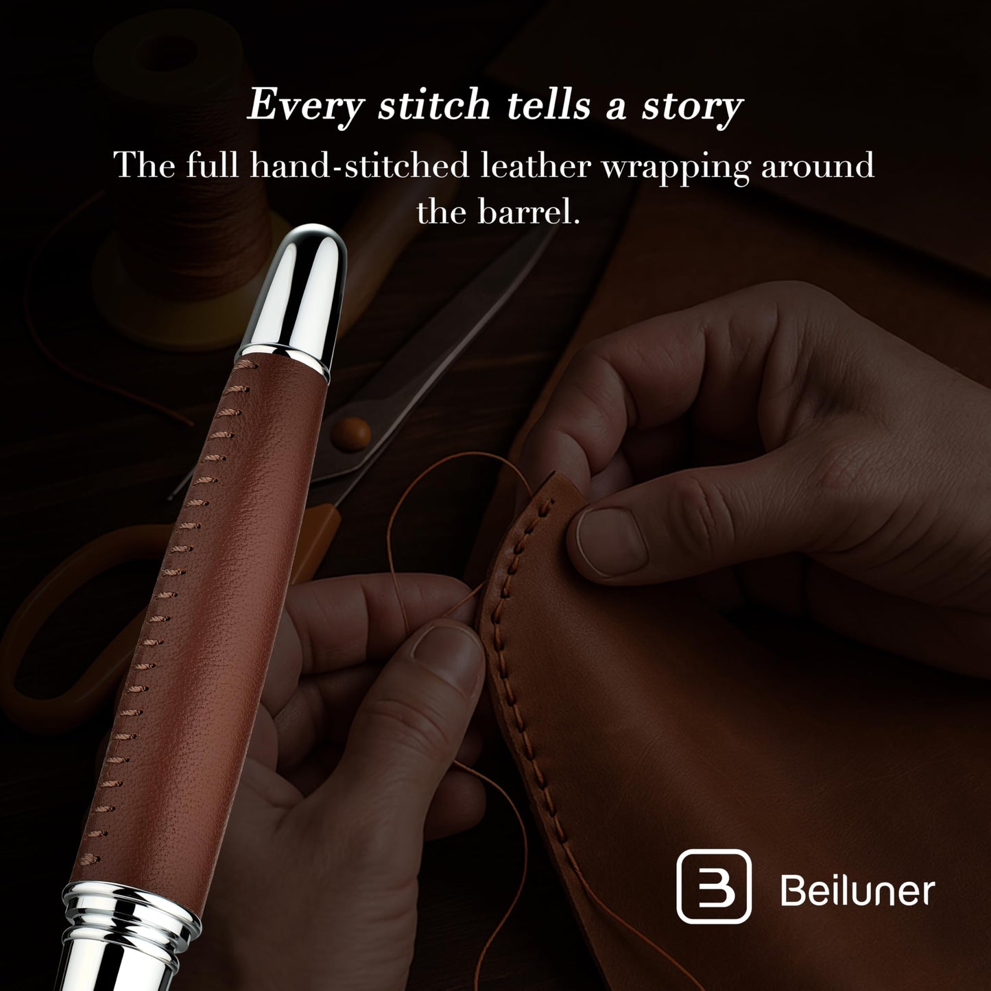 BEILUNER 318 Luxury Personalized Pen, Hand-Stitched Premium Brown Leather
