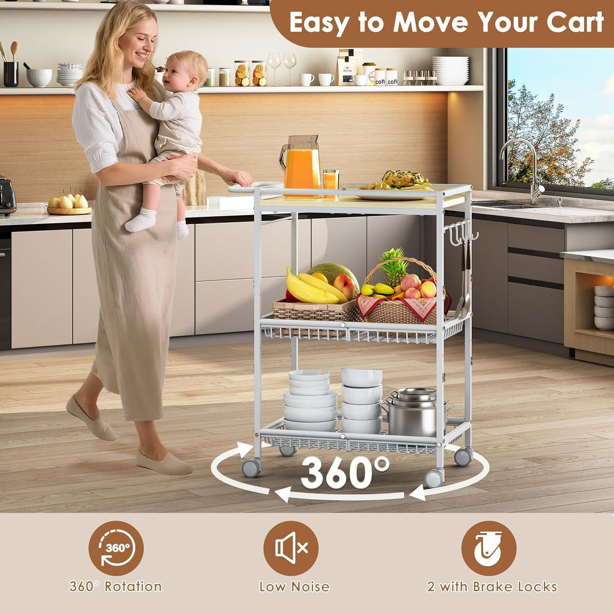 Pkuyres Microwave Kitchen Cart, White Kitchen Shelf with Push Handle, 3 Tier Rolling Microwave