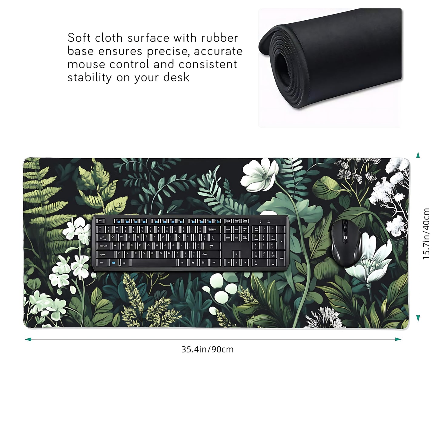 Floral Aesthetic Wildflower Gaming Mouse Pad, Forest Green Moody Forest Desk Mat with Anti-Slip