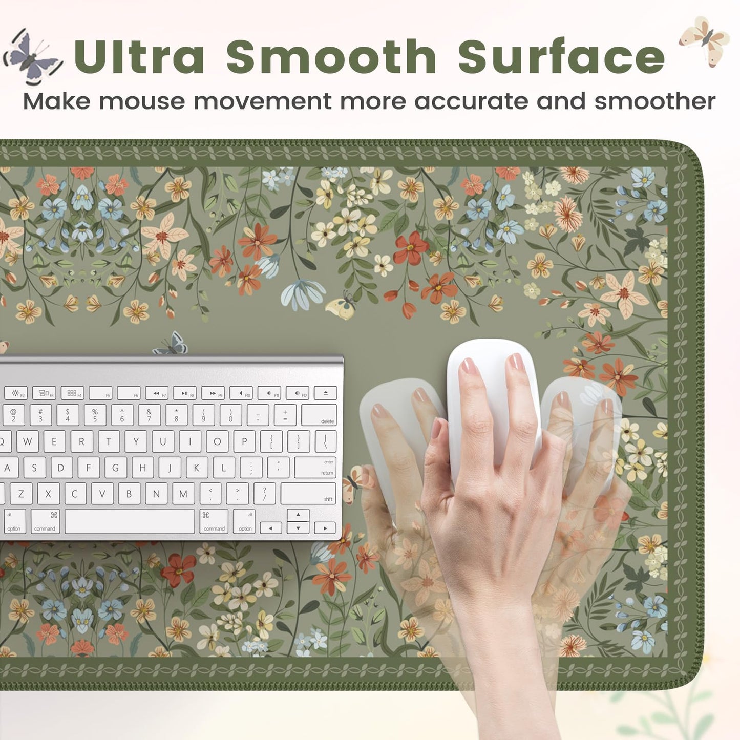 HAOCOO Dark Green Floral Desk Mat, XL Mouse Pad for Keyboard, Non-Slip Base