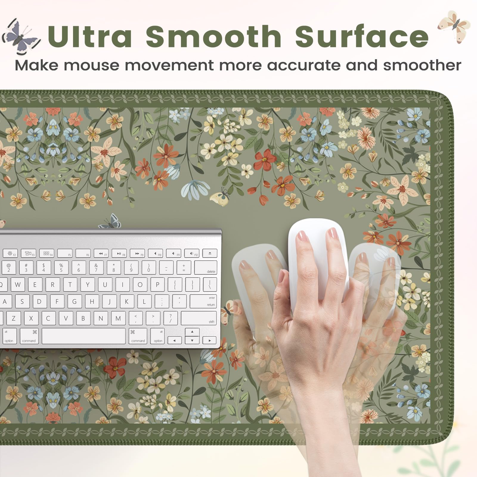 HAOCOO Dark Green Floral Desk Mat, XL Mouse Pad for Keyboard, Non-Slip Base