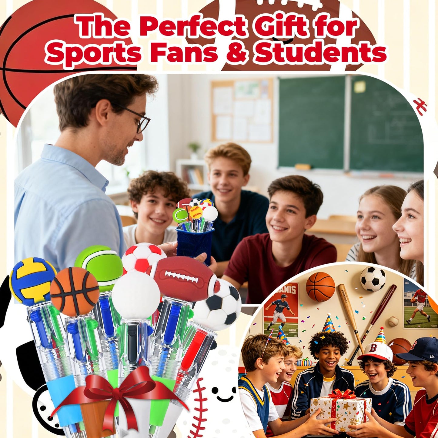 Zhirlyn Sports Party Favors Sports Pens Mini Multicolor Pen in One Cute Fun 4-in-1 Pens Bulk Cool