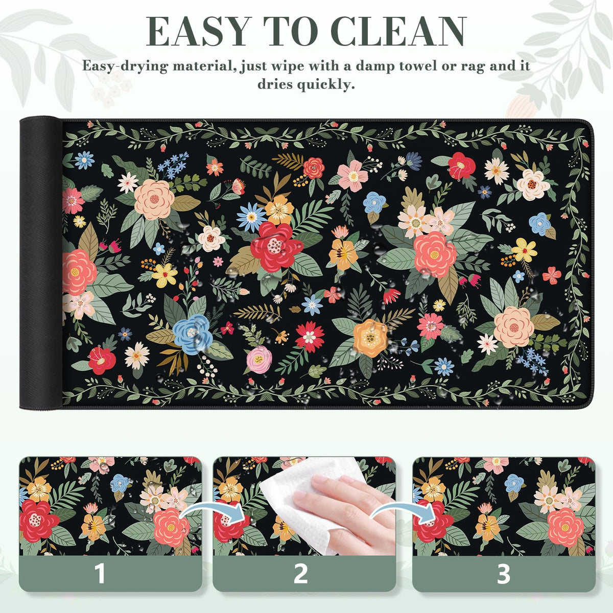 iCasso Desk Mat for Keyboard and Mouse,Cute Mouse Pad,Black Floral
