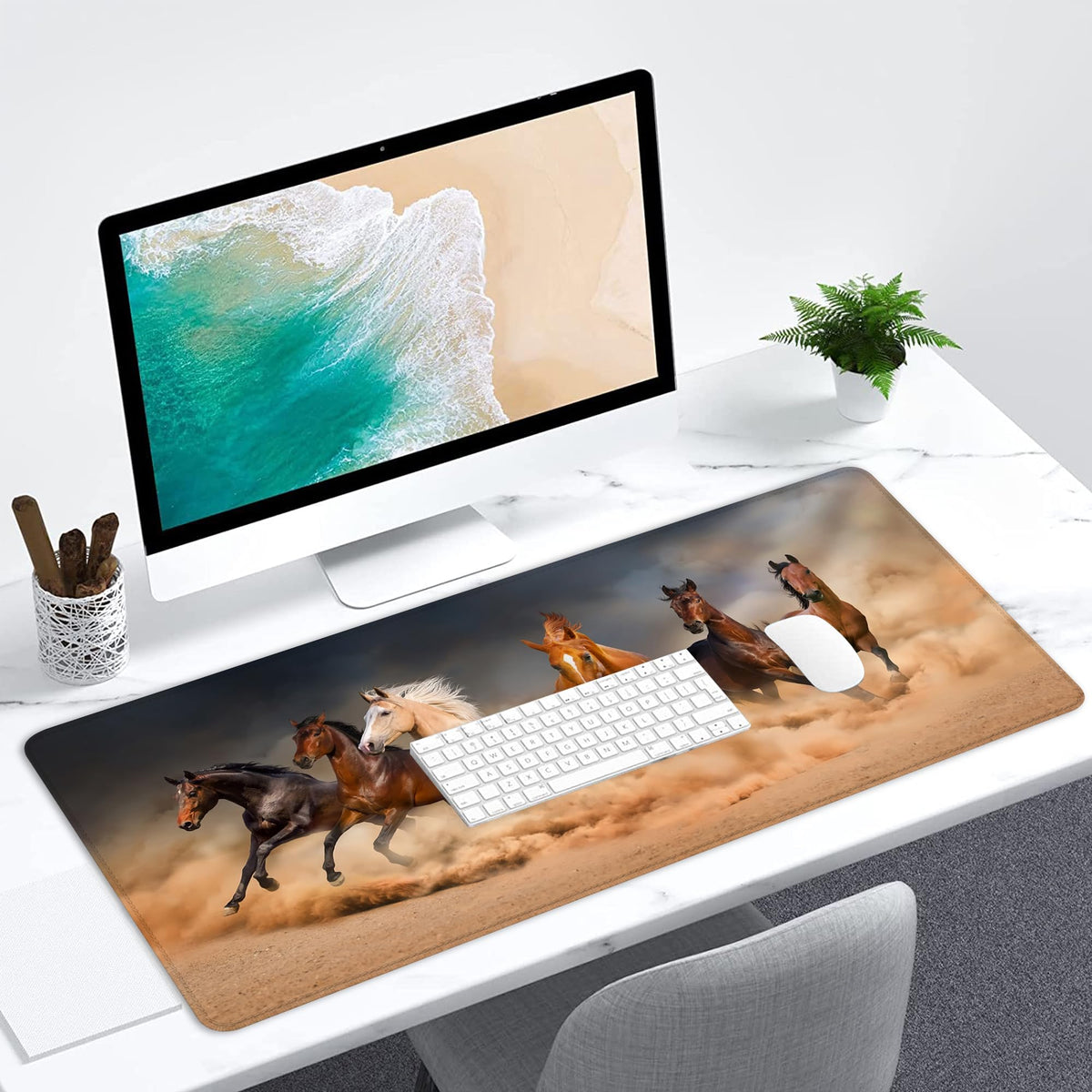 Horse Herd Run in Desert Desk Mat for Desktop,Extended Gaming Mouse Pad,Non-Slip Rubber Base