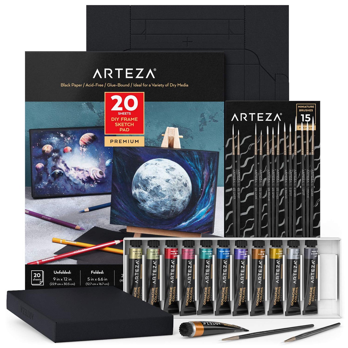 ARTEZA Metallic Gouache Paint Set with Black Canvas Paper, Includes 12 Gouache Colors, Foldable