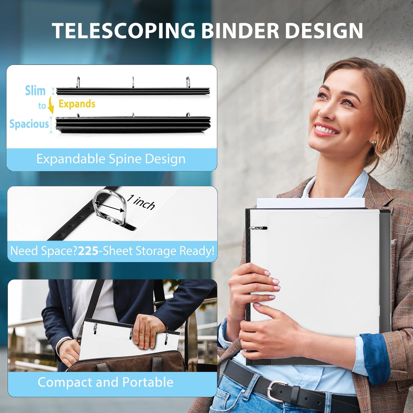 WOT I 1 Inch Telescoping 3 Ring Binder 4 Pack, Expandable Flexible Binder with Customizable Front