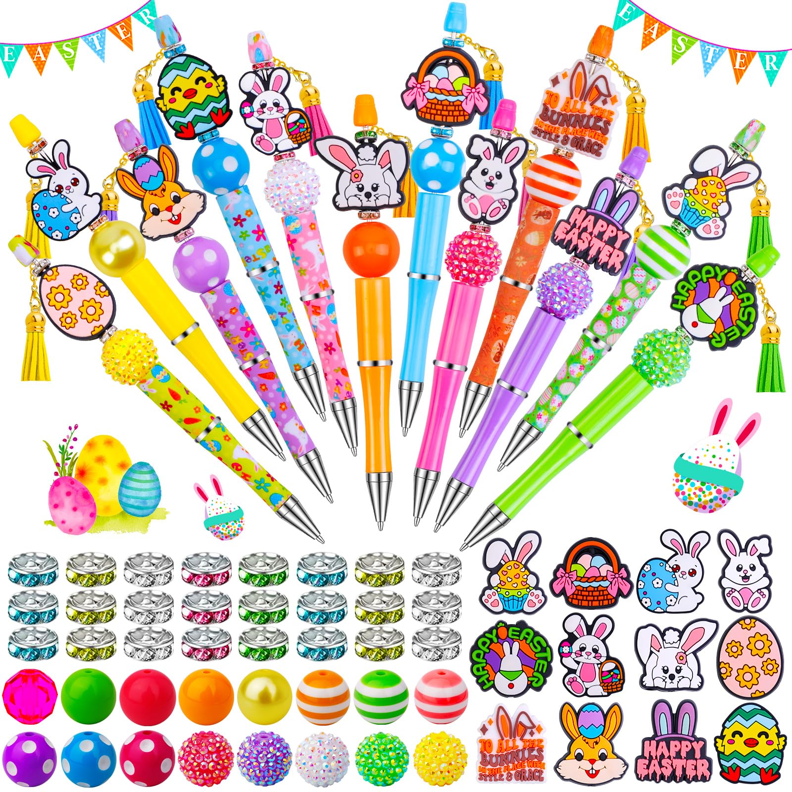 Japior 12 Sets Easter Beadable Pens DIY Pen Making Kit with Bubblegum Beads Silicone Focal Beads