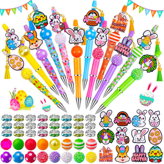 Japior 12 Sets Easter Beadable Pens DIY Pen Making Kit with Bubblegum Beads Silicone Focal Beads