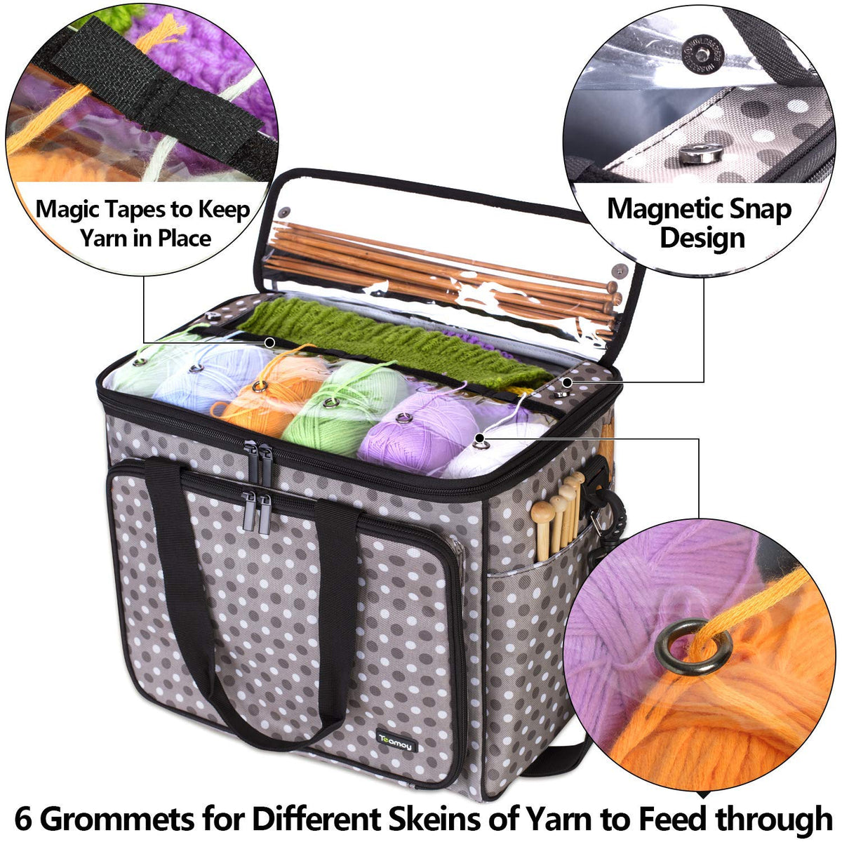 Teamoy Knitting Bag, Yarn Storage Organizer Crochet Bag Tote, Gray Dots