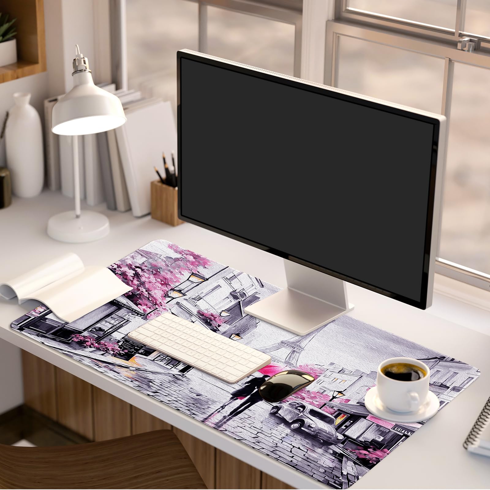 Lokigo Paris Eiffel Tower Desk Pad,Mouse Pad,Romantic Vintage Gray Pink Large Desk Mat for Girls
