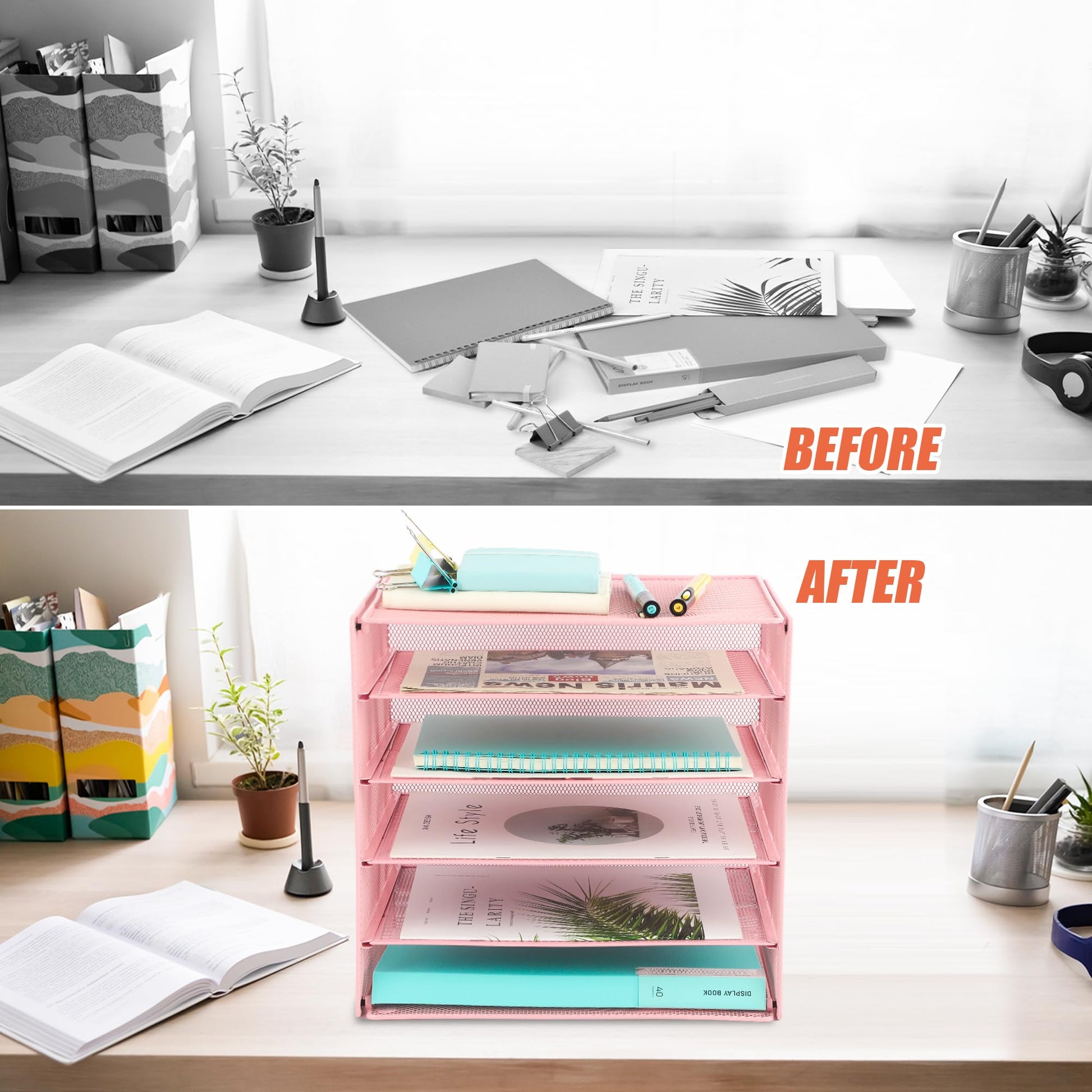 EASEPRES 5 Slot Mesh Desk Organizer Tray, File Paper Letter Folder Holder Desktop Paper Sorter Mail